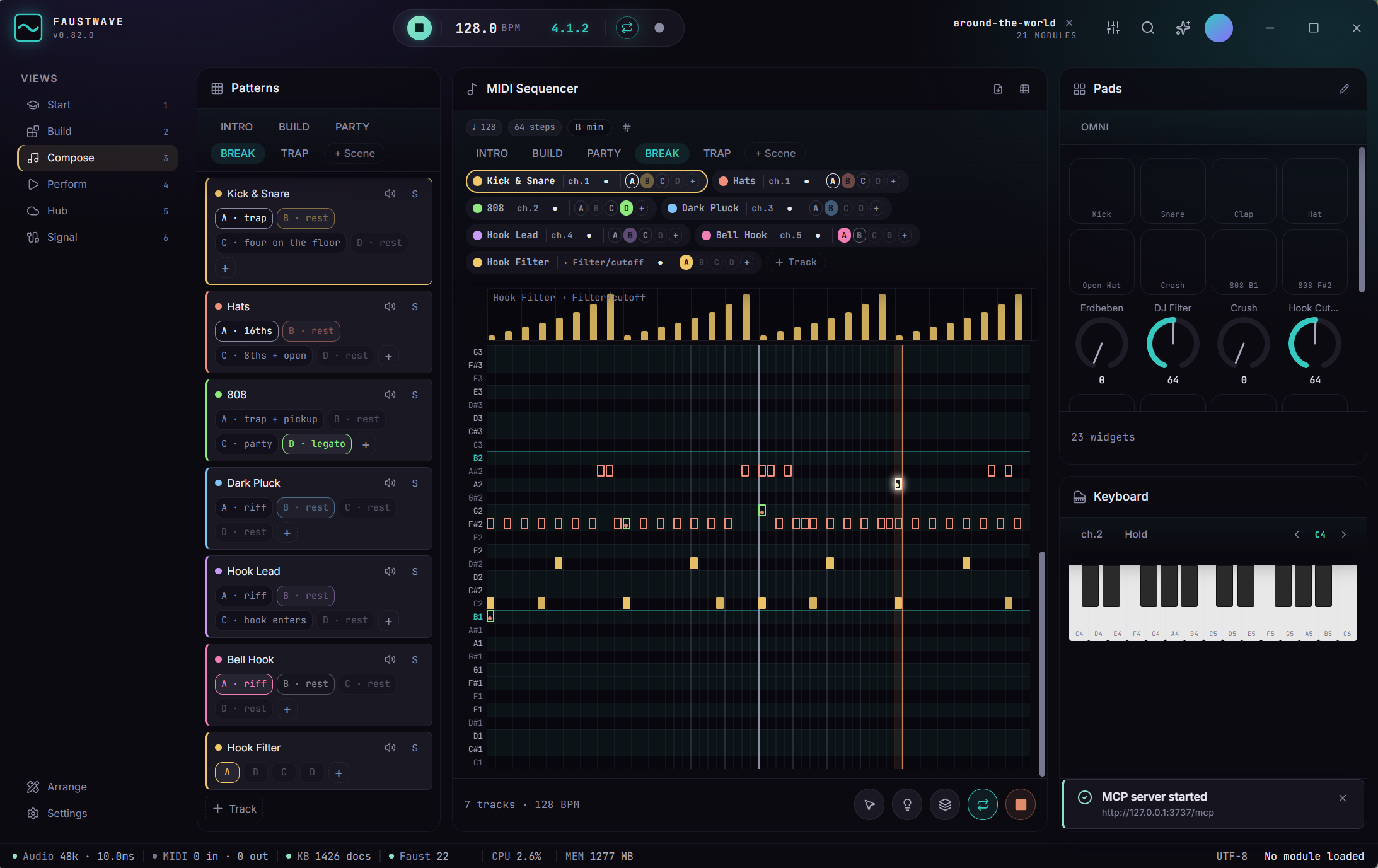 The FaustWave IDE: pattern list, MIDI sequencer with piano roll and automation lane, pads and keyboard