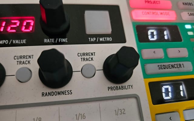 A BeatStep Pro on the desk: tempo display at 120, the sequencer controls